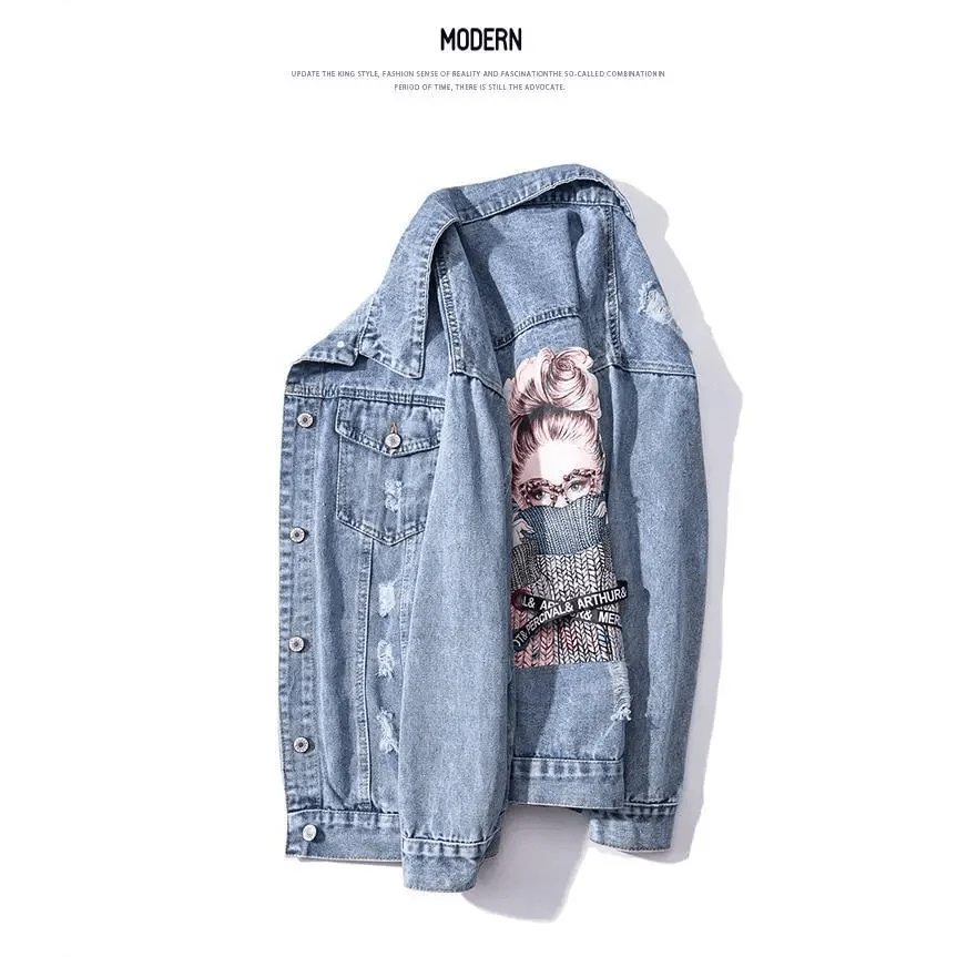 Stevvex denim trucker jacket with distressed holes and bold printed graphic panel on Tampa Home & Garden Store