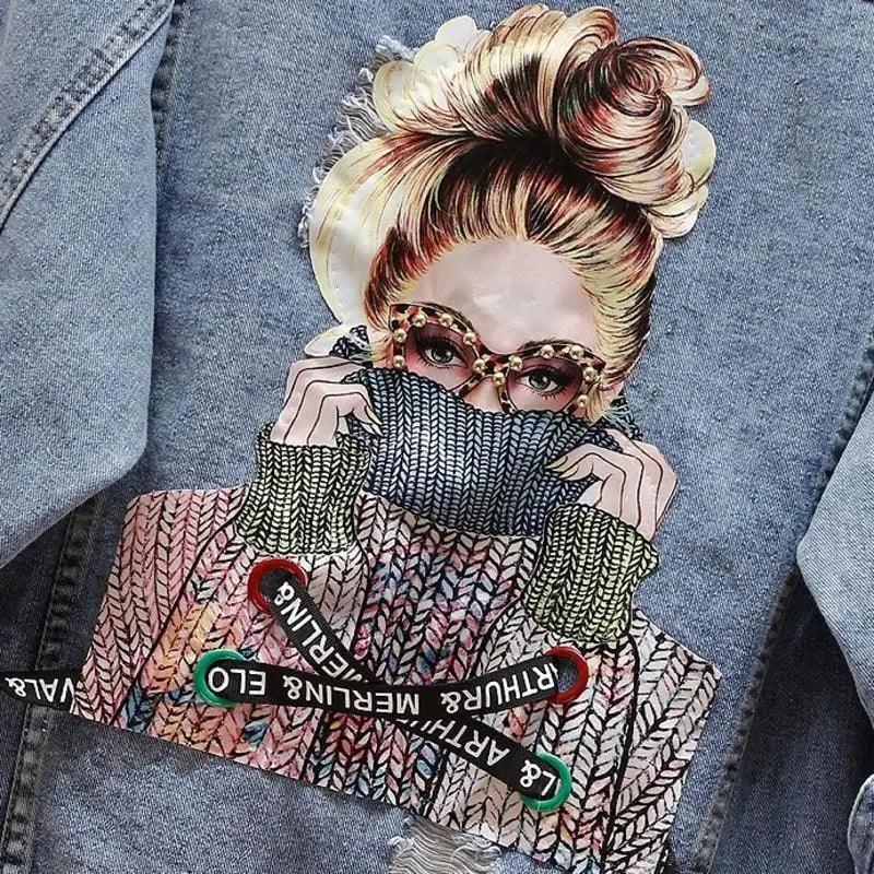 Stevvex denim trucker jacket ST93337LOJ with graphic of a woman in knit sweater and scarf on Tampa Home & Garden Store
