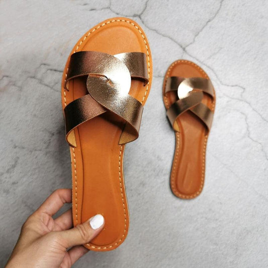 Stevvex women's leather slide sandals with bronze cross straps and tan footbed on Tampa Home & Garden Store
