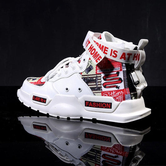 Sneakers Stevvex white with red collage panels and ankle strap, breathable running shoes on Tampa Home & Garden Store