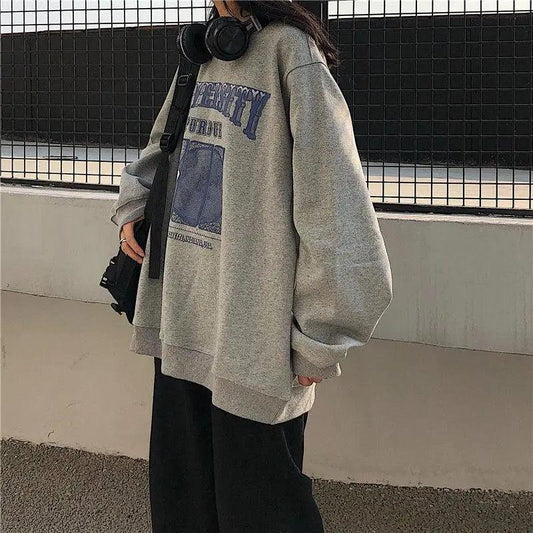 Grey oversized Stevvex sweatshirt with blue vintage print graphic, long sleeves crew neck on Tampa Home & Garden Store