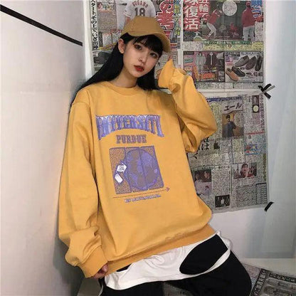 Stevvex oversized yellow crew-neck sweatshirt for women with retro purple letter print on Tampa Home & Garden Store