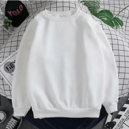 White oversized crew-neck pullover sweatshirt with long sleeves and ribbed cuffs and hem on Tampa Home & Garden Store
