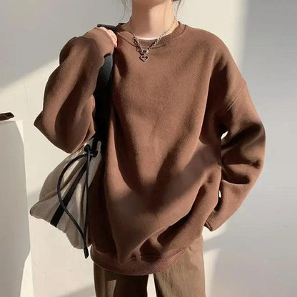 Stevvex brown fleece oversized sweatshirt with round neck, loose long sleeves on Tampa Home & Garden Store