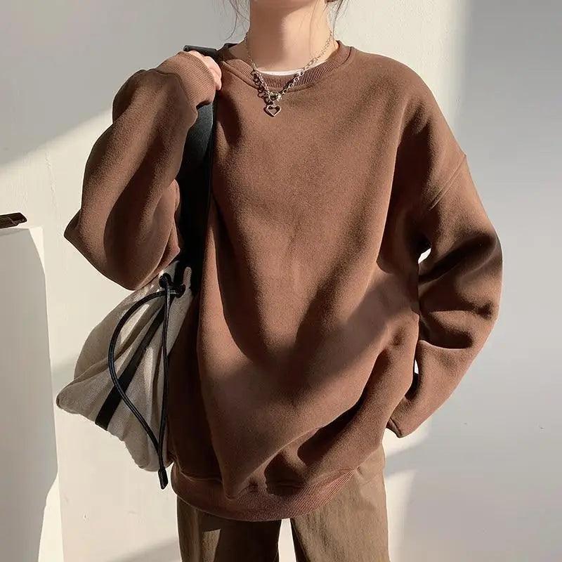 Stevvex brown fleece oversized women's sweatshirt round neck with long sleeves on Tampa Home & Garden Store