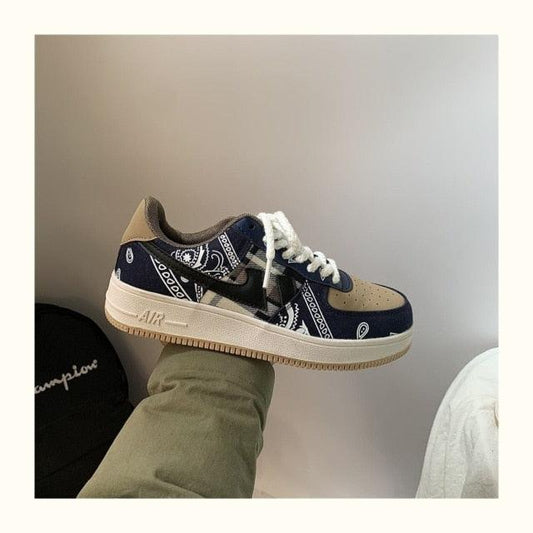 Street dance sneakers Stevvex navy blue beige toe cap thick sole bandana print lace shoes on Tampa Home & Garden Store