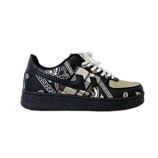 Stevvex ST85SH8321EHI sneakers, black bandana-print panels, beige toe, white laces, thick sole on Tampa Home & Garden Store