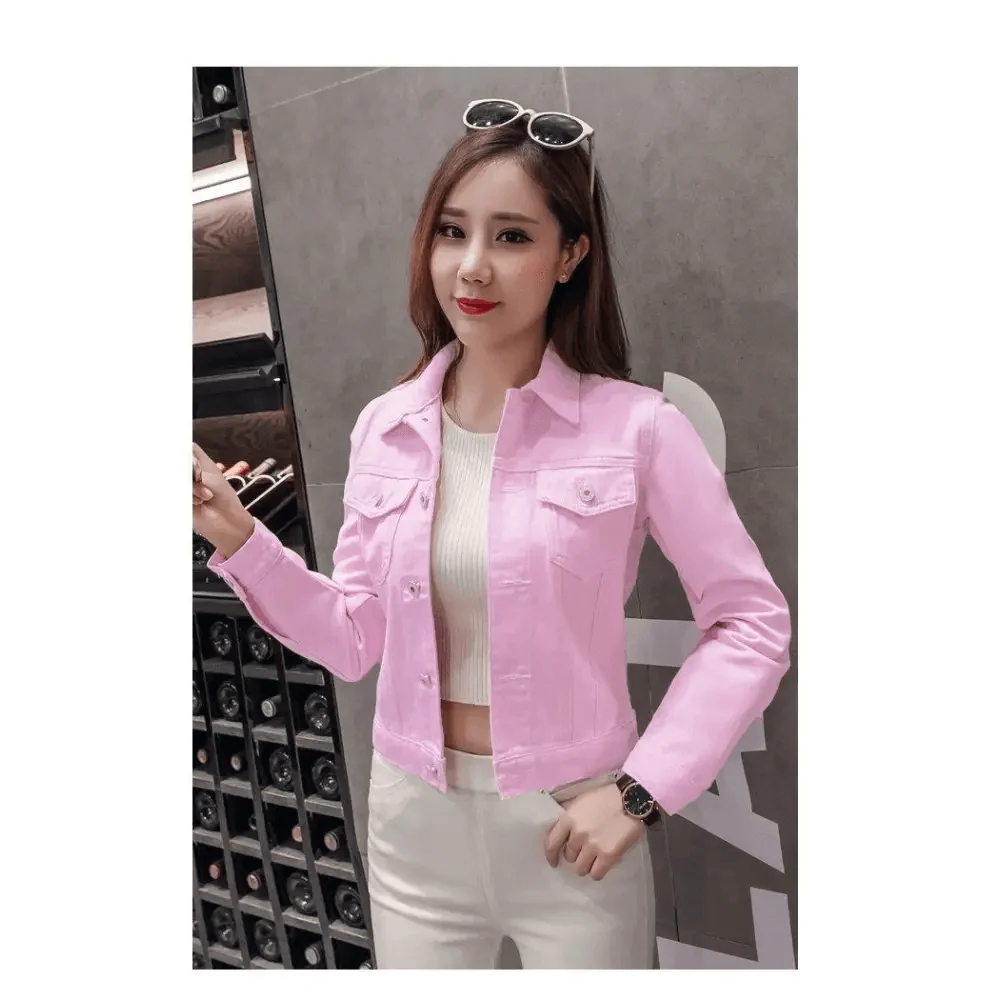 Stevvex pink denim trucker jacket for women, long sleeves, two chest pockets on Tampa Home & Garden Store