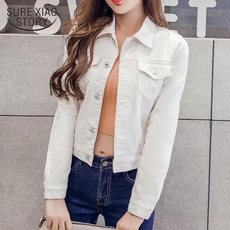 White cropped denim trucker jacket with front pockets for women on Tampa Home & Garden Store