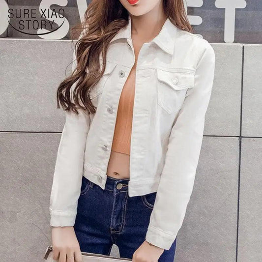 White cropped denim trucker jacket with front pockets for women on Tampa Home & Garden Store