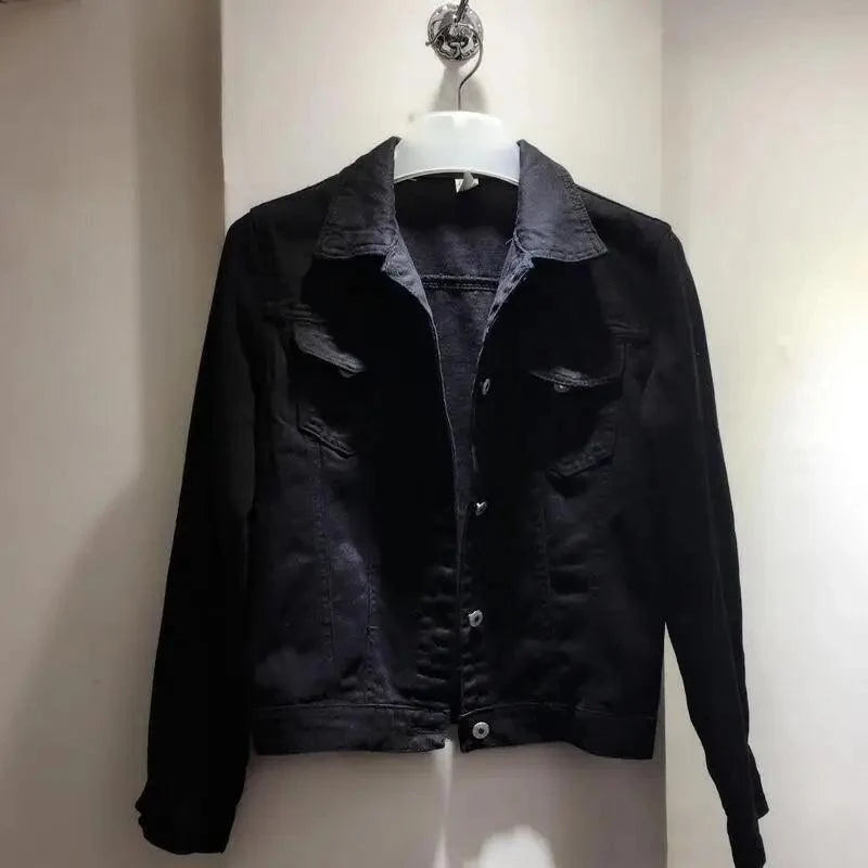 Stevvex black denim trucker jacket for women, collared, long sleeves, button-front on Tampa Home & Garden Store