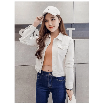 Stevvex white denim trucker jacket worn by a model with a peach knit top and dark jeans on Tampa Home & Garden Store