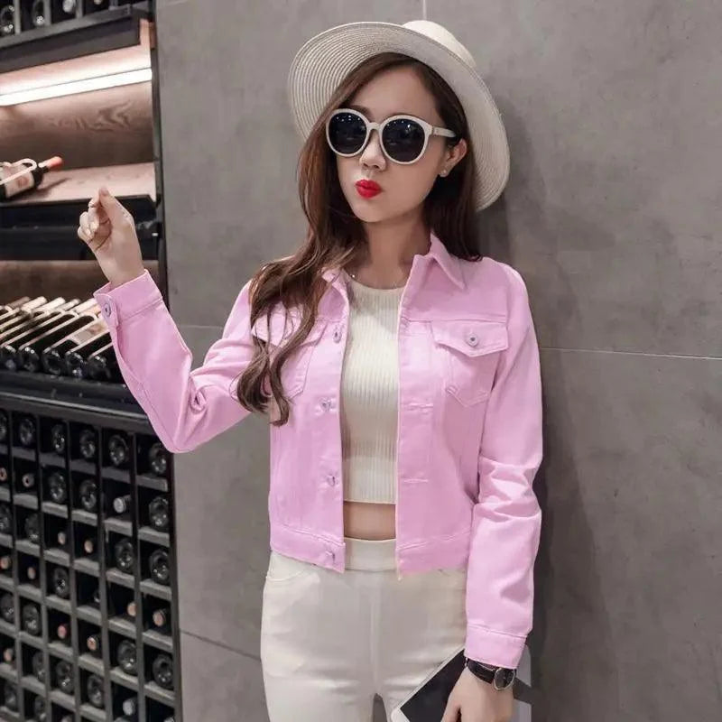 Stevvex pink denim trucker jacket, long sleeve over white knit top worn by model on Tampa Home & Garden Store