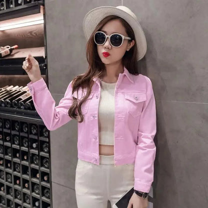 Stevvex pink denim trucker jacket, long sleeve over white knit top worn by model on Tampa Home & Garden Store