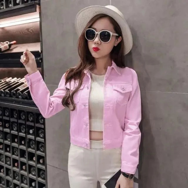 Stevvex pink denim trucker jacket for women with long sleeves on Tampa Home & Garden Store