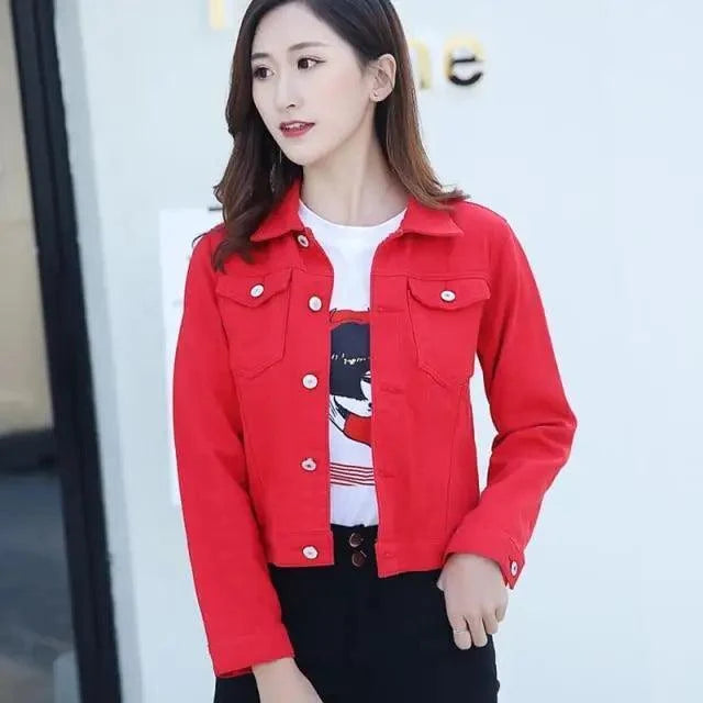 Stevvex women's red denim trucker jacket cropped fit with metal buttons on Tampa Home & Garden Store