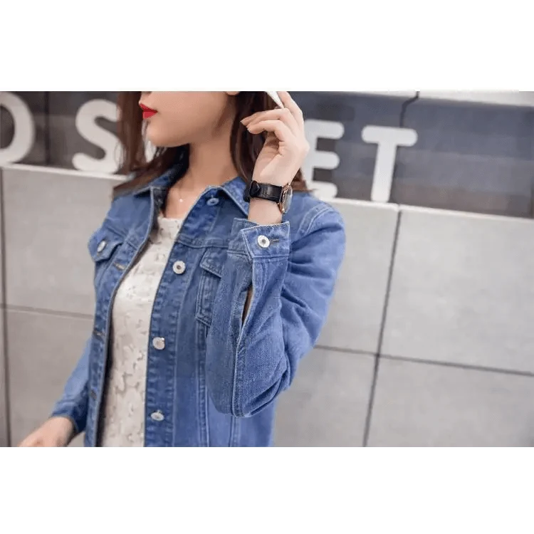 Blue denim trucker jacket Stevvex with long sleeves over a white lace top on Tampa Home & Garden Store