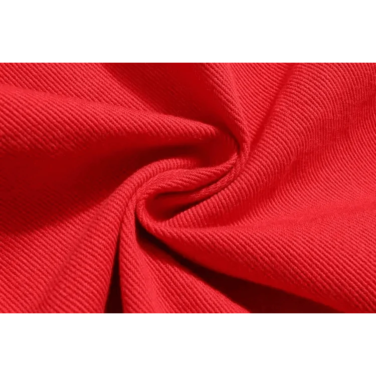 Red denim fabric close-up with twill texture, Stevvex trucker jacket material on Tampa Home & Garden Store