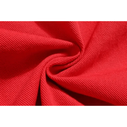 Red denim fabric close-up with twill texture, Stevvex trucker jacket material on Tampa Home & Garden Store