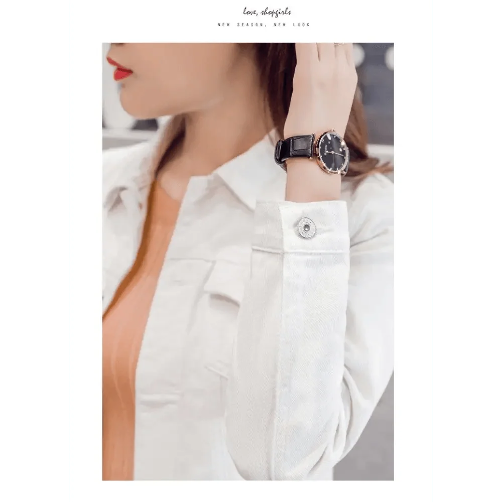 Stevvex white denim trucker jacket on a woman with a black leather watch on Tampa Home & Garden Store