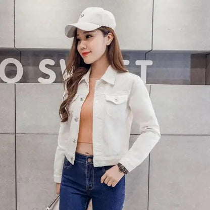 White denim trucker jacket for women by Stevvex, long sleeves, solid color, worn by model on Tampa Home & Garden Store