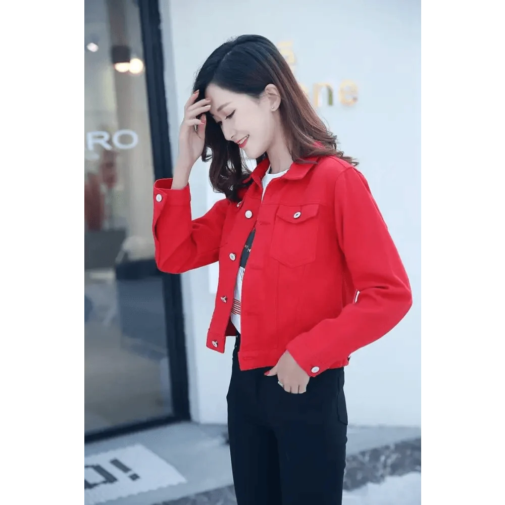 Stevvex red denim trucker jacket for women with long sleeves and twin chest pockets on Tampa Home & Garden Store