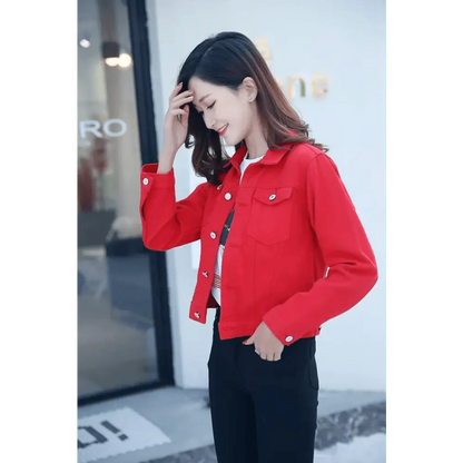 Stevvex red denim trucker jacket for women with long sleeves and twin chest pockets on Tampa Home & Garden Store