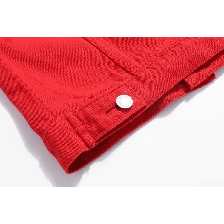 Stevvex red denim trucker jacket cuff with silver snap button on Tampa Home & Garden Store