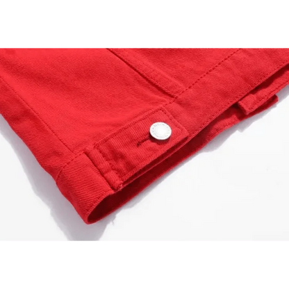 Stevvex red denim trucker jacket cuff with silver snap button on Tampa Home & Garden Store