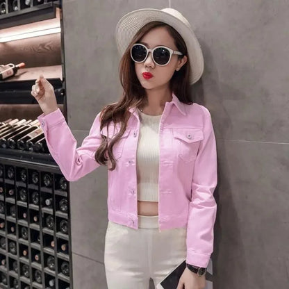 Pink denim trucker jacket for women by Stevvex short with chest pockets worn over white knit top on Tampa Home & Garden Store
