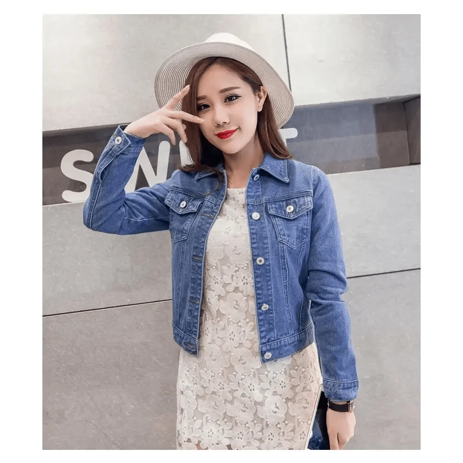 Stevvex blue denim trucker jacket with silver buttons chest pockets over white lace dress on Tampa Home & Garden Store