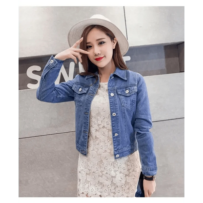 Stevvex blue denim trucker jacket with silver buttons chest pockets over white lace dress on Tampa Home & Garden Store