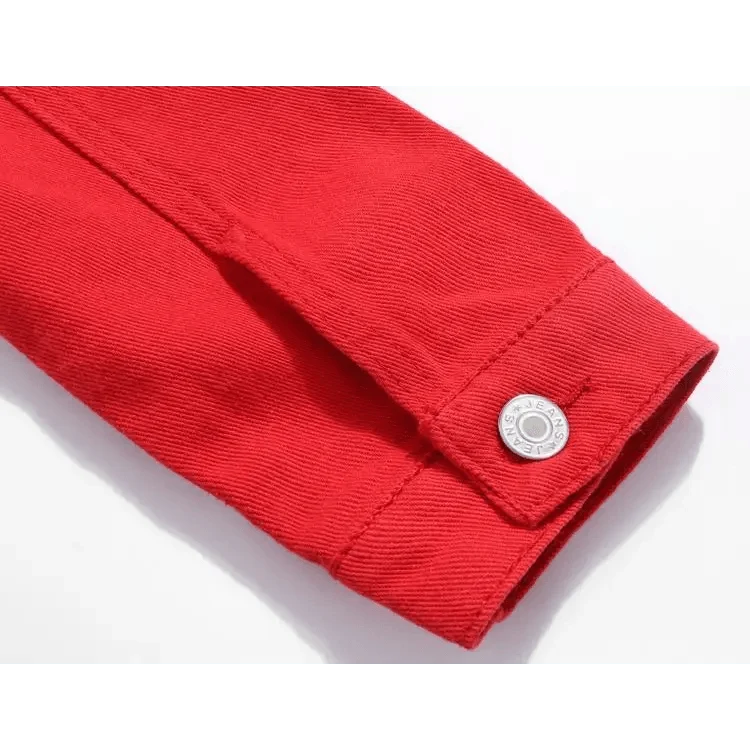 Red denim trucker jacket sleeve cuff with silver snap button by Stevvex on Tampa Home & Garden Store