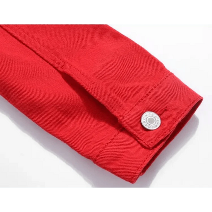 Red denim trucker jacket sleeve cuff with silver snap button by Stevvex on Tampa Home & Garden Store