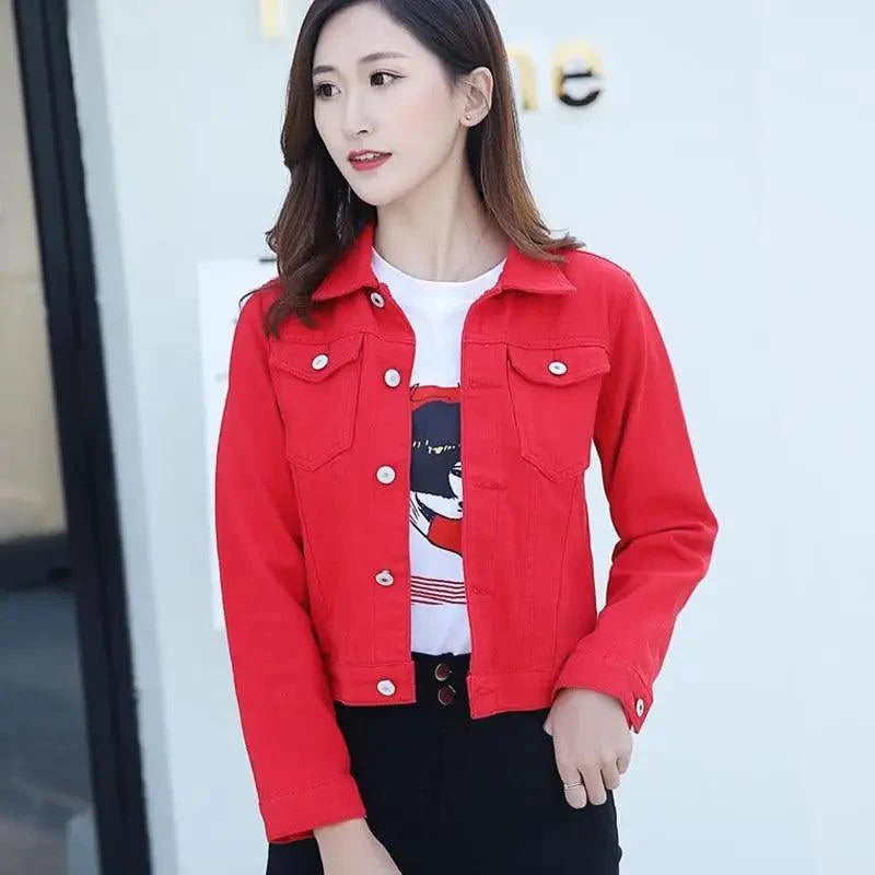 Stevvex red denim trucker jacket for women, long sleeve with front button closure on Tampa Home & Garden Store