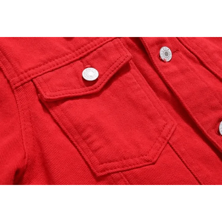 Stevvex red denim trucker jacket chest pocket close-up with silver snaps on Tampa Home & Garden Store