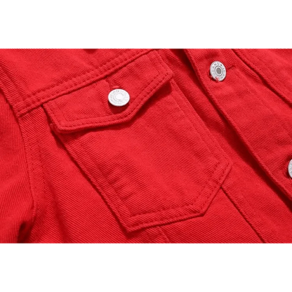 Stevvex red denim trucker jacket chest pocket close-up with silver snaps on Tampa Home & Garden Store