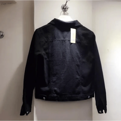 Stevvex black denim trucker jacket back view with tag on Tampa Home & Garden Store