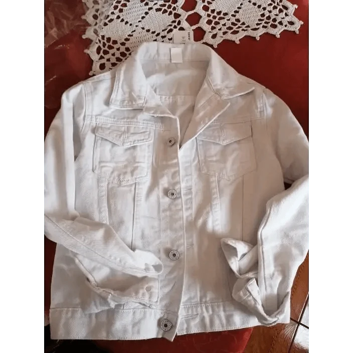 Stevvex white denim trucker jacket for women with front flap pockets and metal buttons on Tampa Home & Garden Store