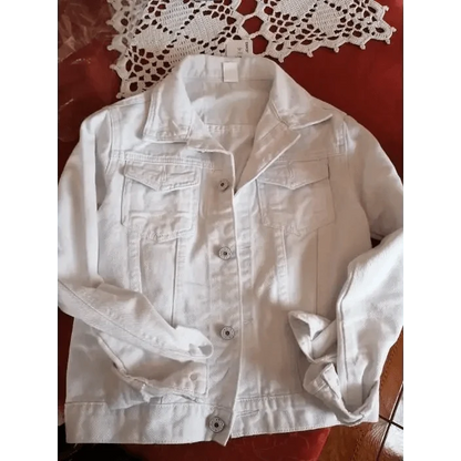 Stevvex white denim trucker jacket for women with front flap pockets and metal buttons on Tampa Home & Garden Store