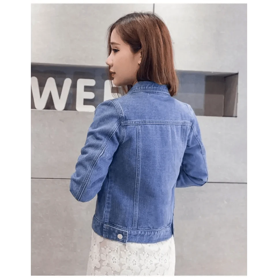 Denim trucker jacket for women, blue Stevvex, short winter overcoat style, back view on Tampa Home & Garden Store