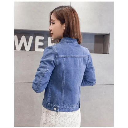 Denim trucker jacket for women, blue Stevvex, short winter overcoat style, back view on Tampa Home & Garden Store