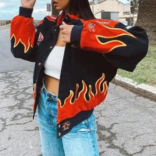 Stevvex windbreaker jacket with red flame print, black base, hooded, loose fit on Tampa Home & Garden Store
