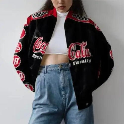 Stevvex Coca-Cola printed windbreaker jacket, black with red logos, hooded casual fit for women on Tampa Home & Garden Store