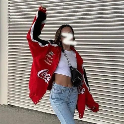 Stevvex windbreaker jacket red Coca-Cola print, casual loose hooded style for women on Tampa Home & Garden Store