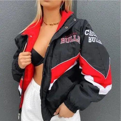 Stevvex womens windbreaker jacket, black with red/white blocks, hooded loose fit Bulls print on Tampa Home & Garden Store