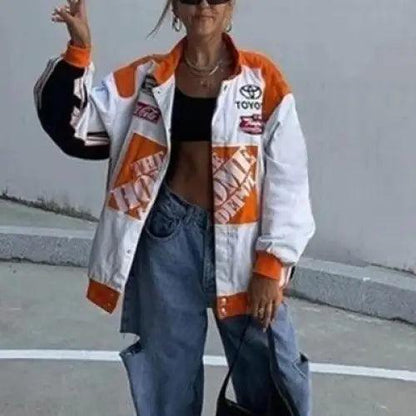 Stevvex windbreaker jacket with orange-white print, oversized hooded casual coat for women on Tampa Home & Garden Store