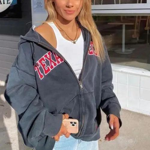 Stevvex windbreaker jacket dark gray zip hooded with Texas print, casual loose fit on Tampa Home & Garden Store