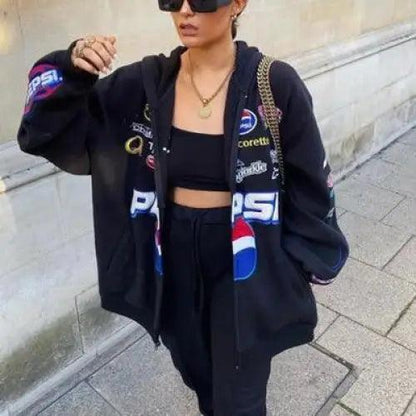 Stevvex black windbreaker with Pepsi print, hooded jacket on Tampa Home & Garden Store