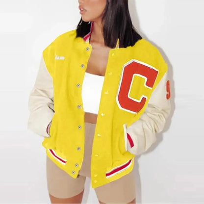 Stevvex yellow varsity windbreaker with white sleeves, red C patch, snap front, striped cuffs on Tampa Home & Garden Store